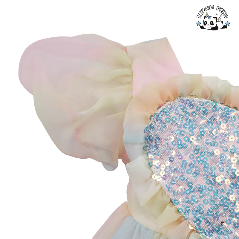 LEZONKIDS - Vestido de Princesa com Manga de Bolha Cor de Arco-Íris para Meninas, Roupas de Desempenho Infantil Doce